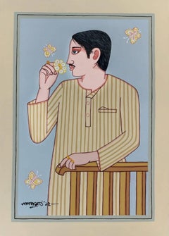 Babu, Tempera su tavola, dell'artista indiano moderno Lalu Prasad Shaw "In stock"