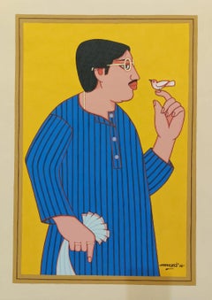 Babu, Tempera sur panneau, rouge, bleu, jaune, par Lalu Prasad Shaw, en stock