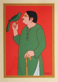 Babu, Tempera on Board, Red, Green Colors by Lalu Prasad Shaw "In Stock"