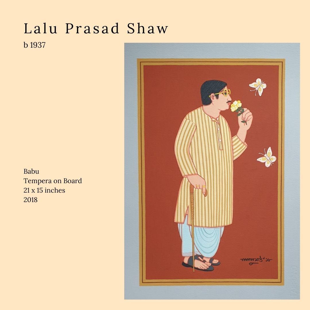 Lalu Prasad Shaw Portrait Painting - Babu, Tempera on Board, Rust, Yellow, Brown, Grey by Lalu Prasad "In Stock"
