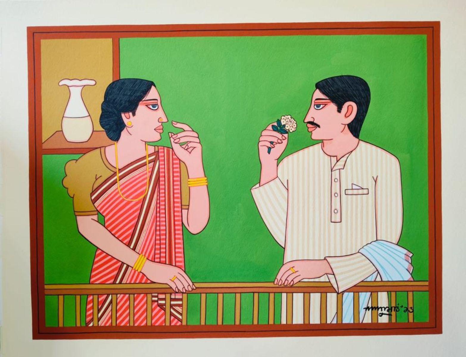 Bibi & Babu, Témpera sobre tabla, Figurativo por el artista Lalu Prasad Shaw "En Stock"