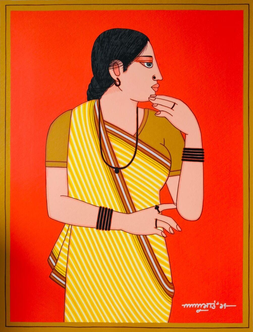 Bibi & Babu, Tempera su tavola, (Set di 2) Artista Lalu Prasad Shaw 