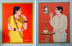 Bibi & Babu, Témpera sobre tabla, (Conjunto de 2) Artista Lalu Prasad Shaw "En Stock"