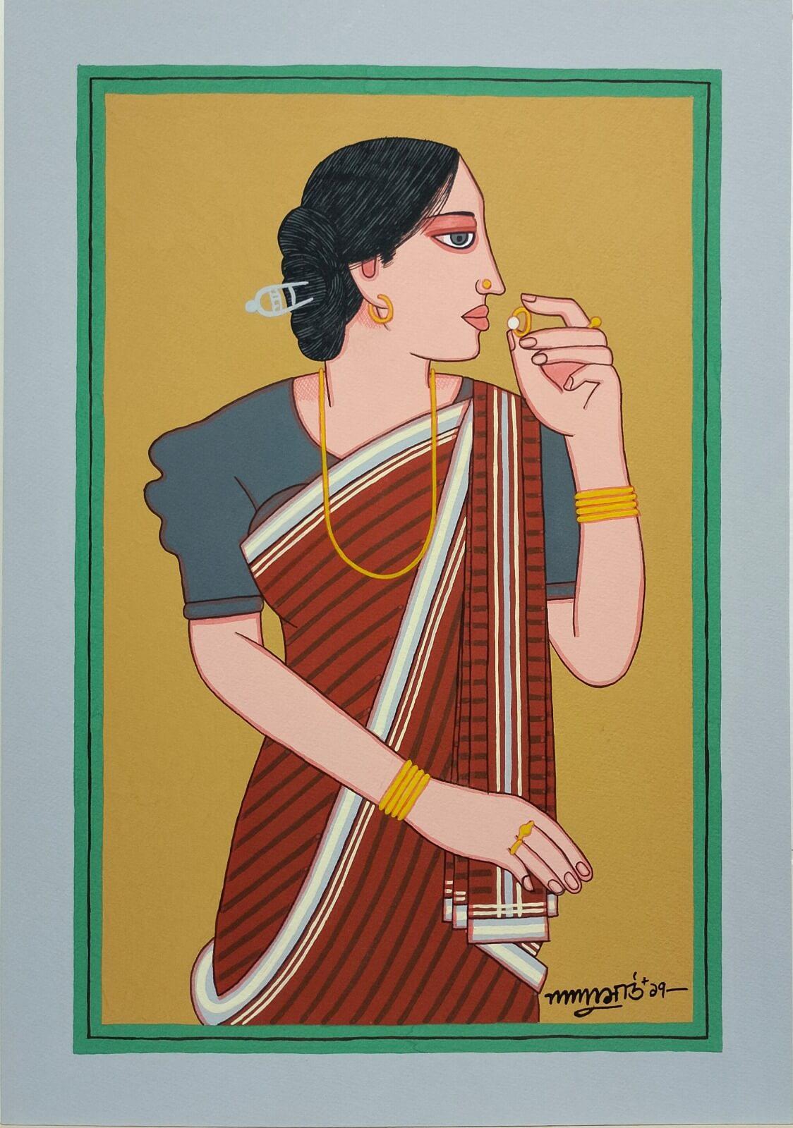 Lalu Prasad Shaw
Babu & Bibi
Tempera on Board
21 x 14inches, 2017 (Set of 2 works)
( Unframed & Delivered )

This painting beautifully captures the elegance and charm of traditional Bengali life through a pair of stylized portraits—a woman and a man
