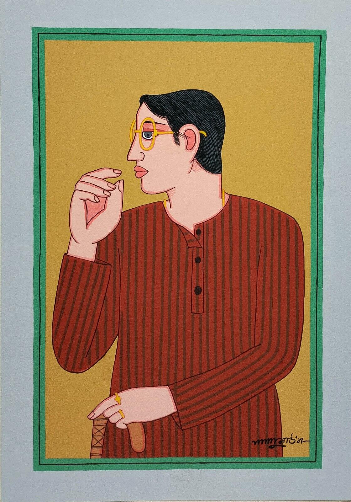 Bibi & Babu, Tempera on Board, (Set of 2 works) by Modern Indian Artist-In Stock For Sale 1