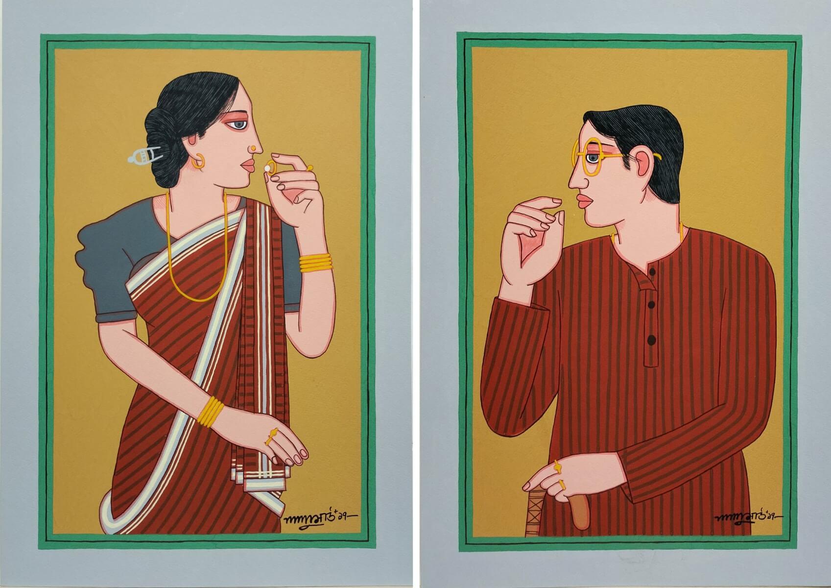 Bibi & Babu, Tempera on Board, (Set of 2 works) by Modern Indian Artist-In Stock