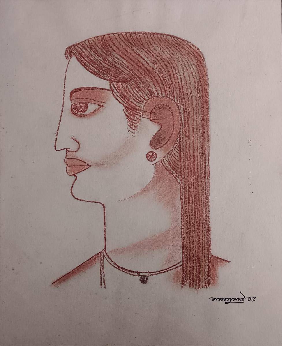 Bibi, Pastel on Paper by Modern Indian Artist Lalu Prasad Shaw "In Stock"