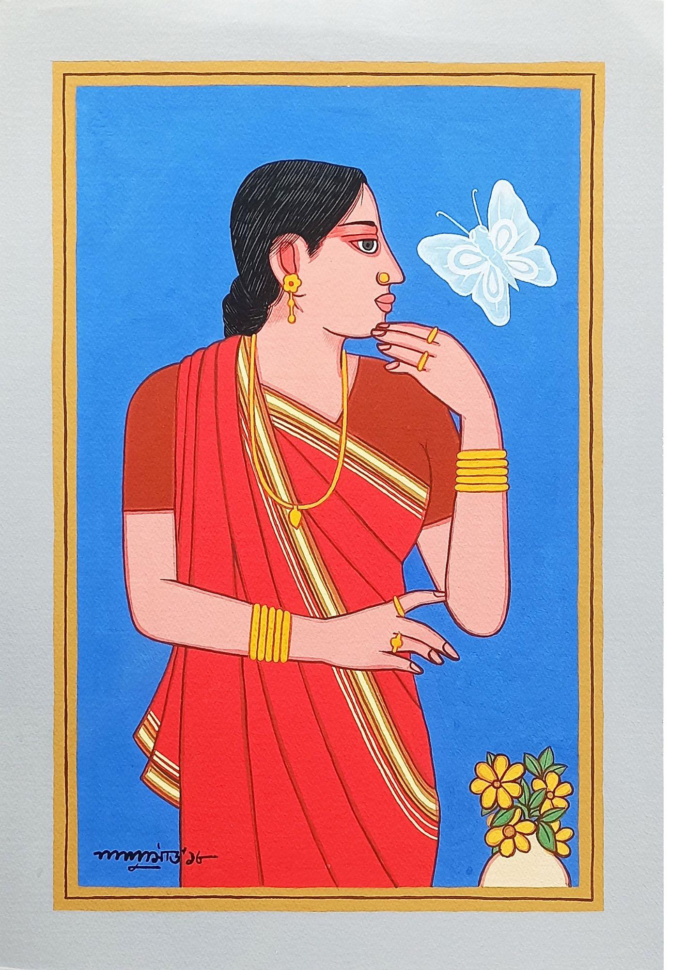 Bibi, Tempera sur panneau, rouge, bleu, jaune, par Lalu Prasad Shaw « en stock »