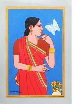 Bibi, Tempera on Board, Red, Blue, Yellow Colors by Lalu Prasad Shaw "In Stock"