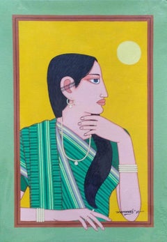 Biwi, Tempera sur panneau de l'artiste indien moderne Lalu Prasad Shaw « En stock »