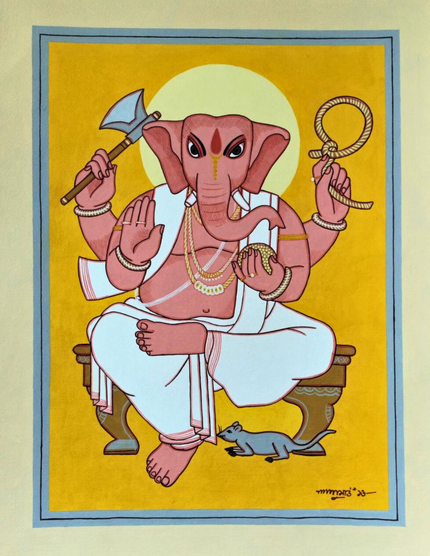 Ganesha, Tempera sur panneau par Lalu Prasad Shaw, en stock