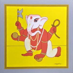 Ganesha, Tempera sur panneau, rouge, couleur jaune par Lalu Prasad Shaw, en stock