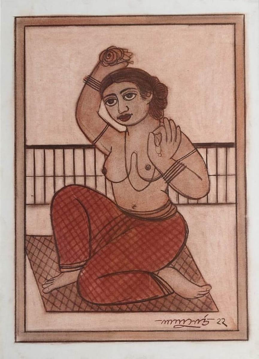 Lalu Prasad Shaw - Untitled
Crayon on Board
21 x 15 inches, 2022

This charming artwork by Lalu Prasad Shaw celebrates the beauty found in everyday life. The composition portrays a seated woman engaged in the familiar act of adorning herself, a