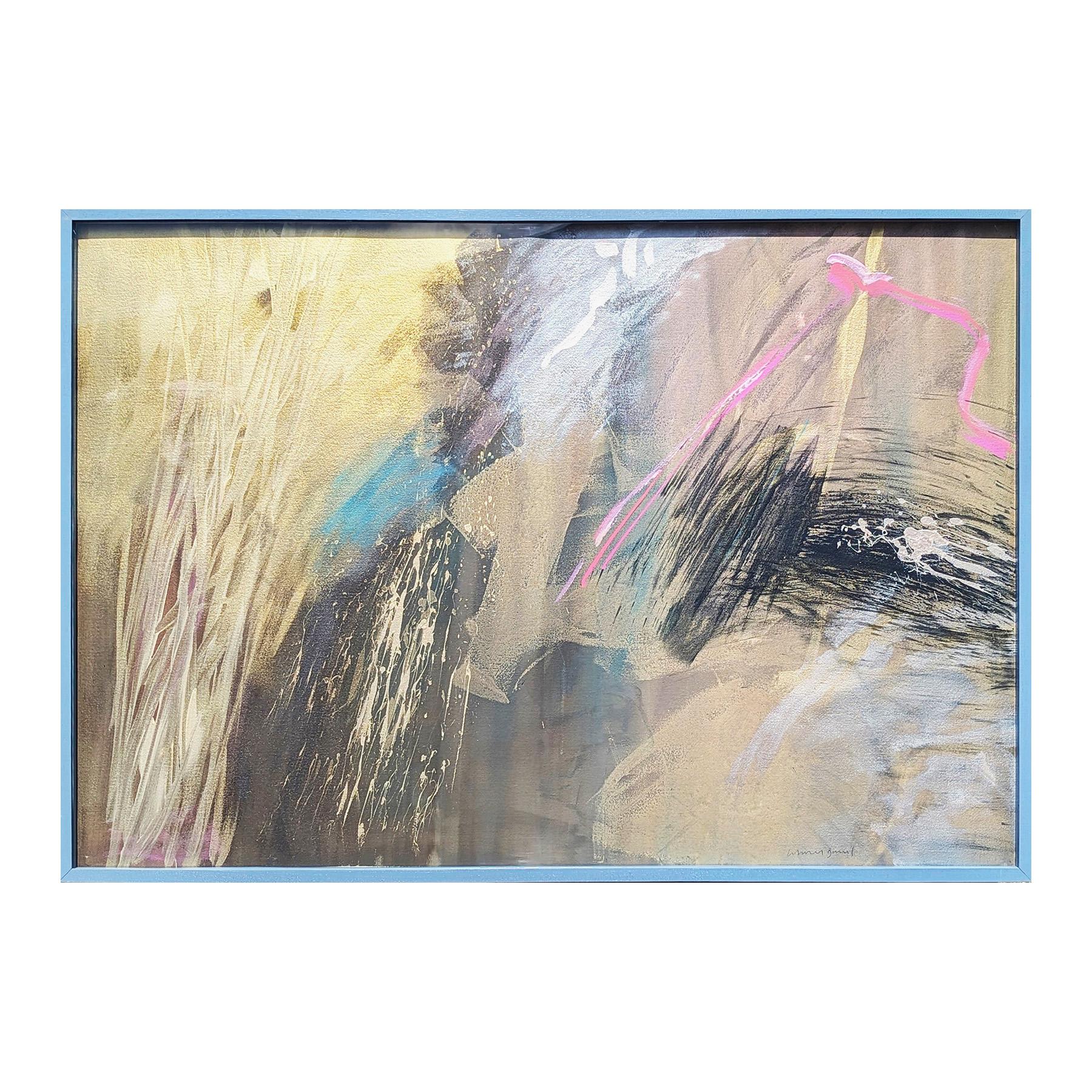 Modern mixed media abstract expressionist painting by artist Lamar Briggs. The work features strokes of black, purple, and blue against a gold background. Signed in the front lower right corner. Currently hung in simple a blue-grey frame.