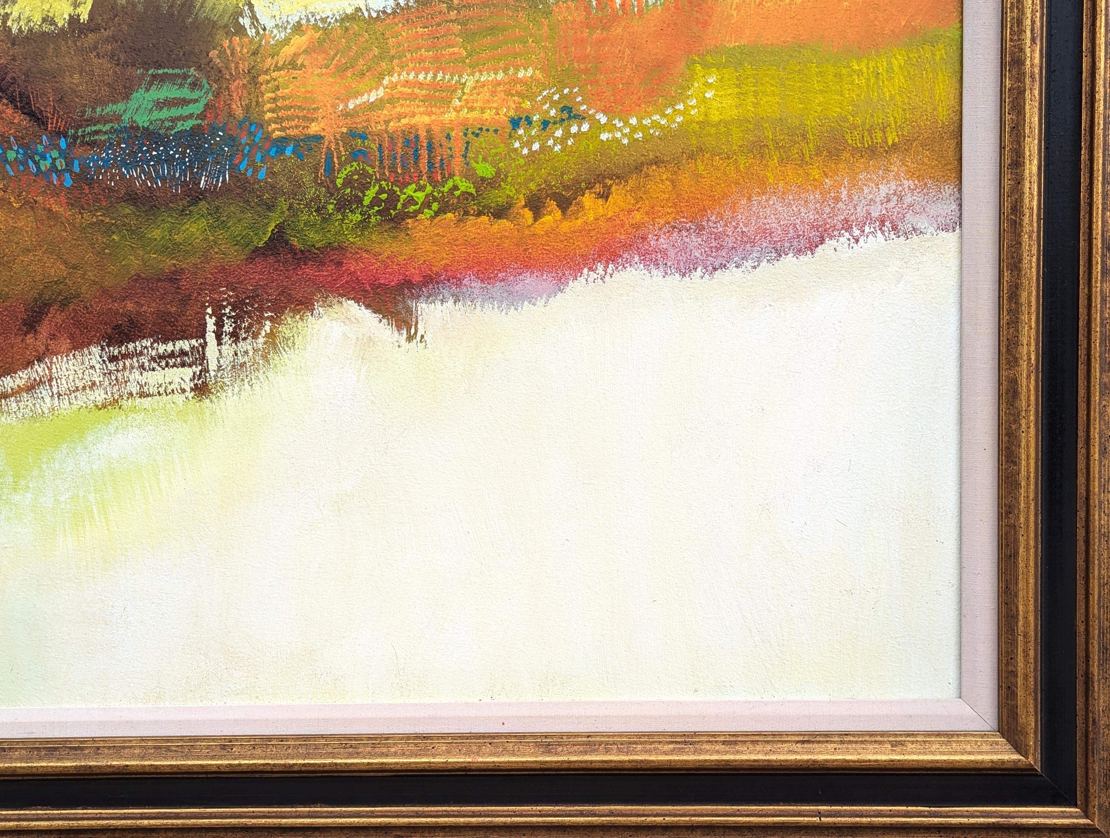 Paesaggio astratto impressionista di spiaggia dai toni rossi, arancioni e gialli dipinto dall'artista della Louisiana e del Texas Lamar Briggs. L'opera presenta un'ombreggiatura di toni caldi con uccelli al centro della composizione. Firmato in