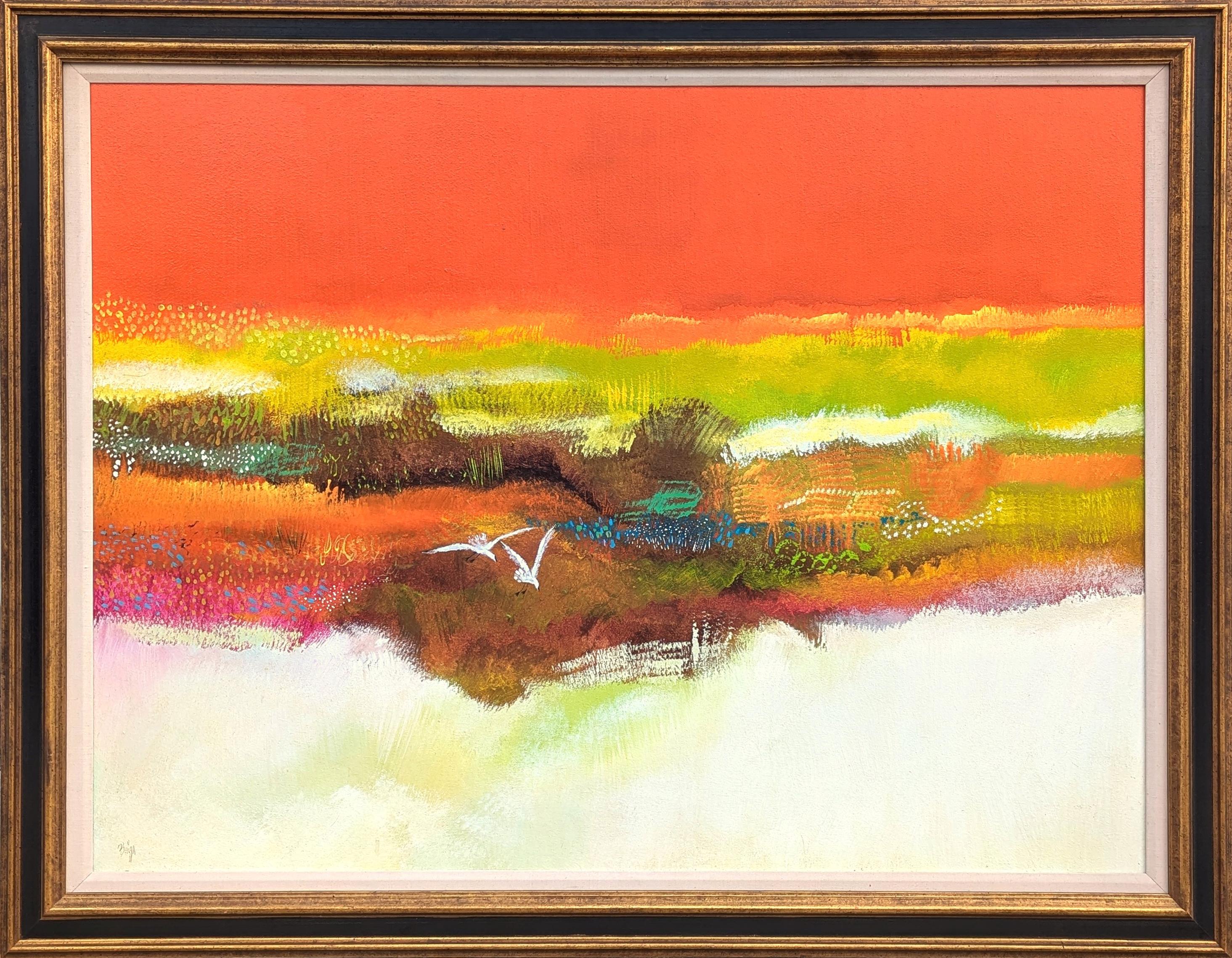Landscape Painting di Lamar Briggs - "Dream Beach" Pittura moderna di paesaggio astratto con tonalità rosse, arancioni e gialle