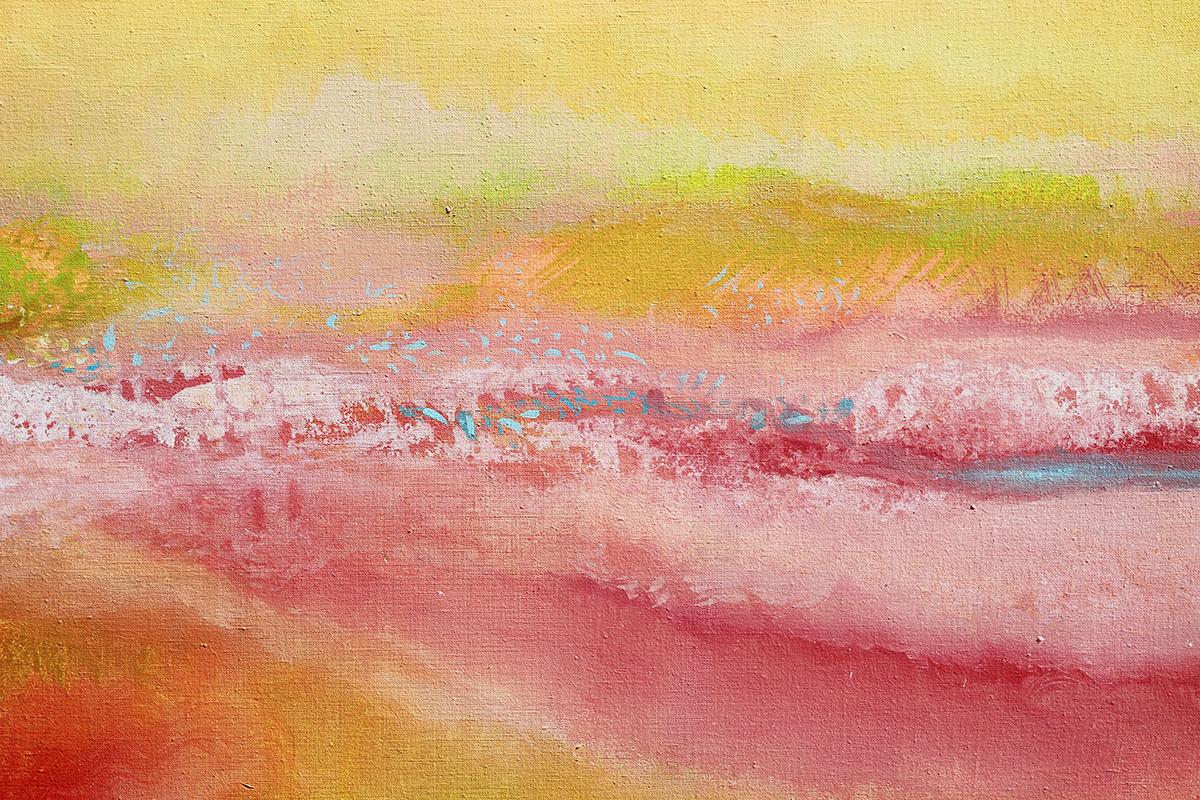 Yellow, neon orange, pink, and light green toned abstract landscape by Houston, TX artist Lamar Briggs. Abstract painting depicting what appears to be a bed of warm sunrise clouds. Signed by artist on the front bottom left. Framed in a silver steel