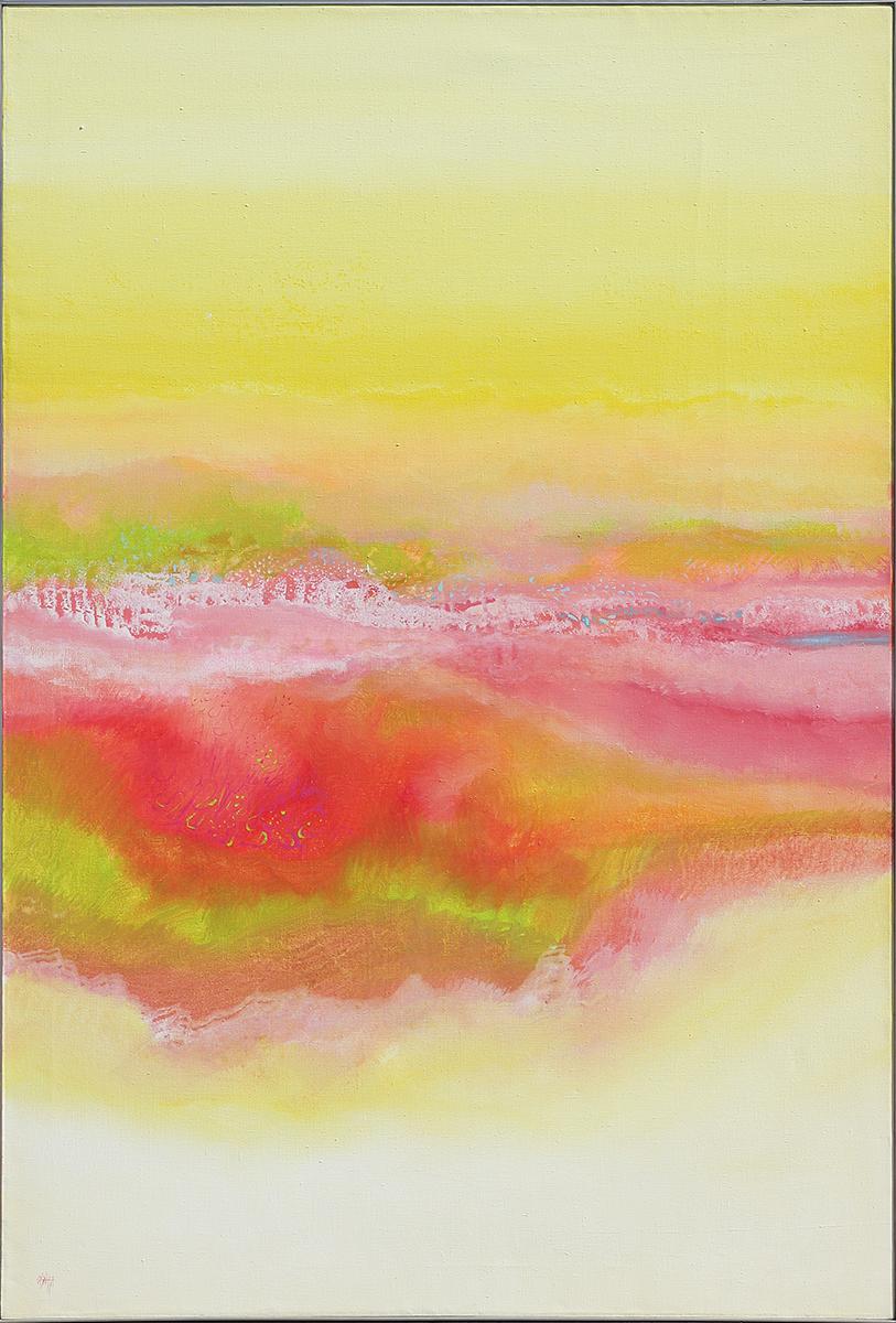 Lamar Briggs Abstract Painting - "Guadalajara Springtime" Yellow, Orange, and Magenta Toned Landscape Painting