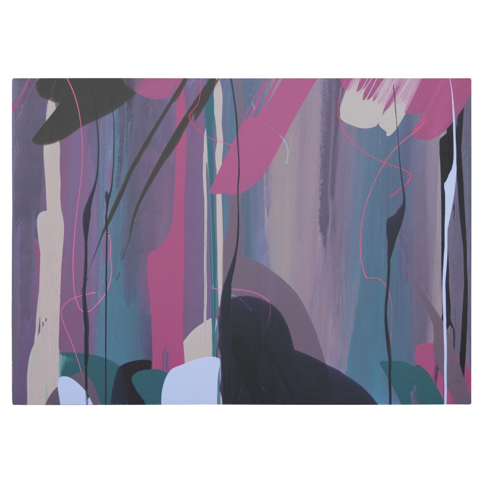 Monumental purple expressionist painting with gestural strokes of black, pink and turquoise paint. The painting is signed, titled, and dated by the artist on the back of the canvas. Attached to the canvas frame is a Moody Gallery label. The canvas