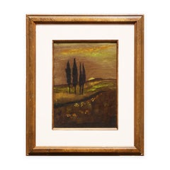 Modern Green & Yellow Toned Abstract Landscape Sunset Painting with Four Trees