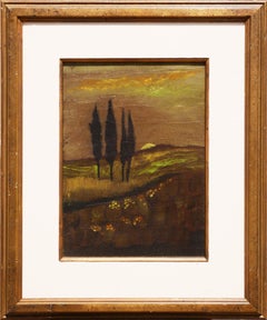 Peinture moderne de paysage abstrait de coucher de soleil aux tons verts et jaunes avec quatre arbres