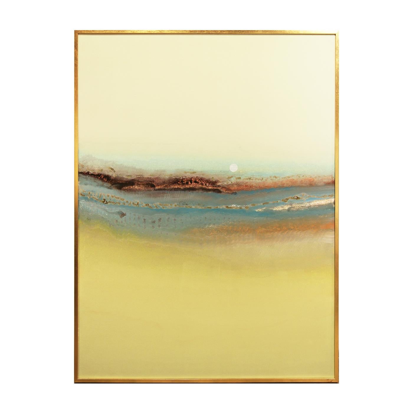 Lamar Briggs Abstract Painting - "Moon" Yellow, Blue & Brown Toned Abstract Sunset Painting