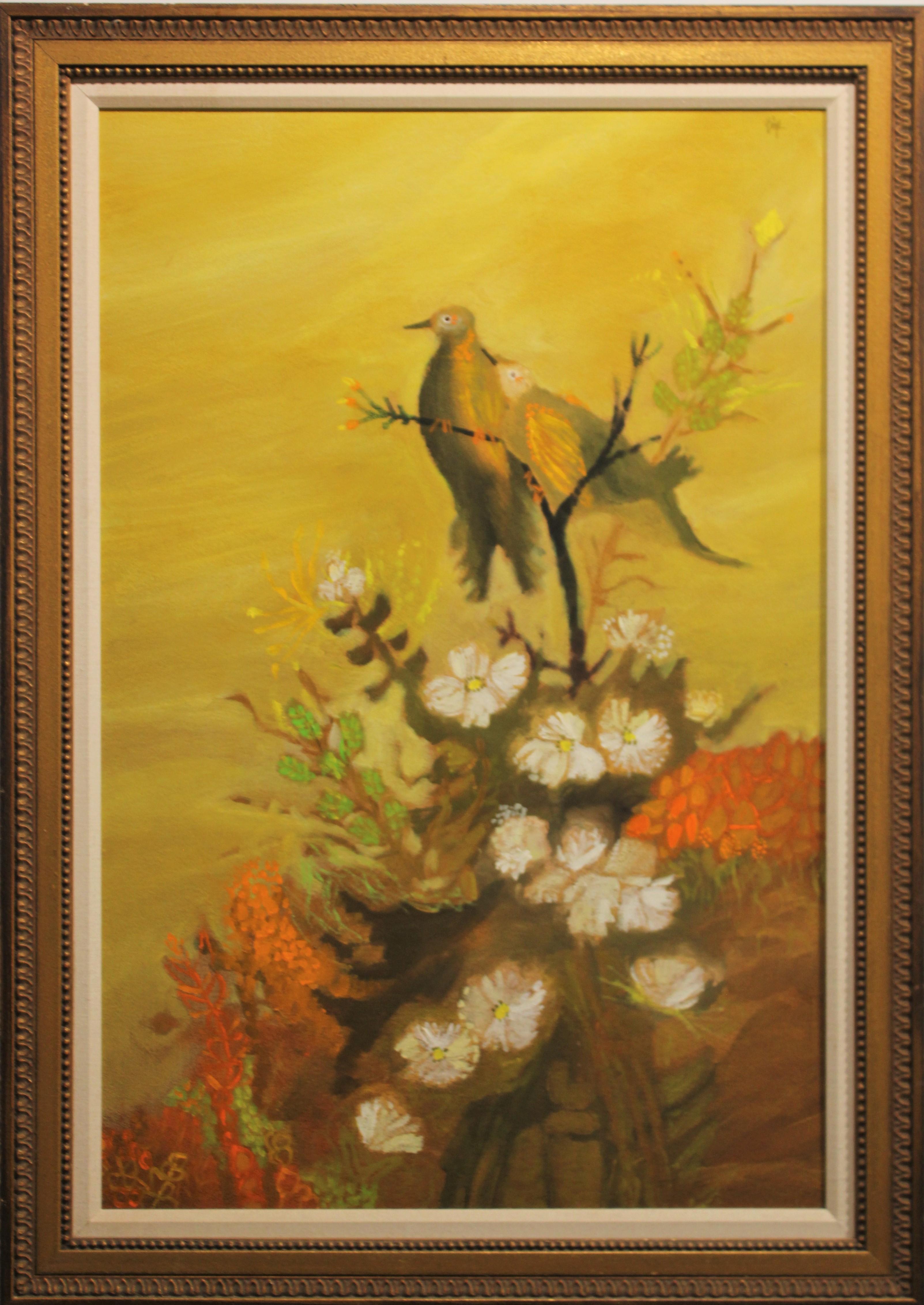 Spring Yellow Tonal Painting with Doves and Flowers