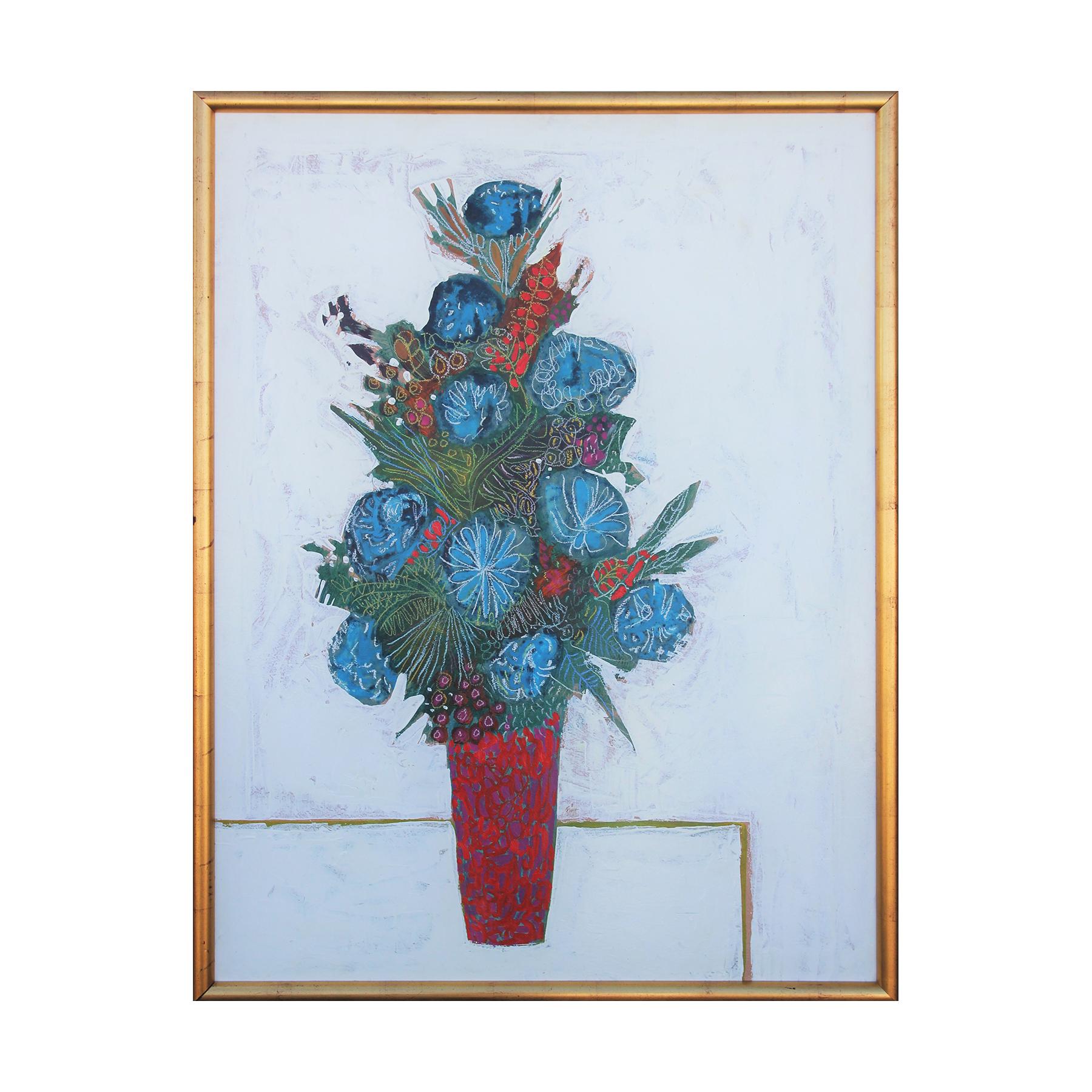 Lamar Briggs Abstract Painting - "The Red Vase" Colorful Red and Blue Modern Abstract Floral Still Life Painting