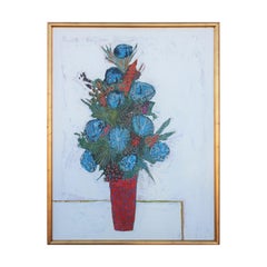 "The Red Vase" Colorful Red and Blue Modern Abstract Floral Still Life Painting