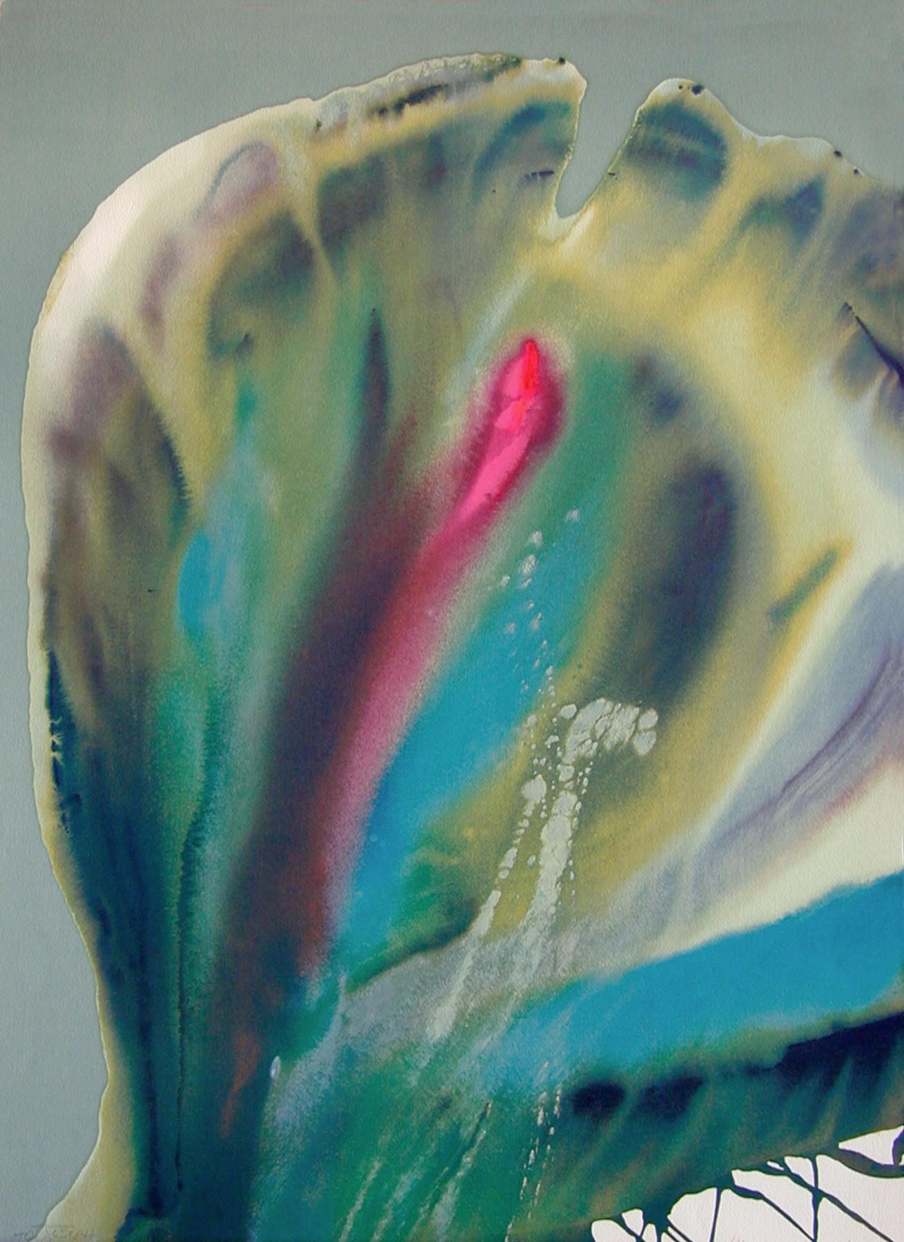 FLOWER COSAS II, signierte Lithographie, Abstraktes Aquarell, Pfauenfarben – Print von Lamar Briggs