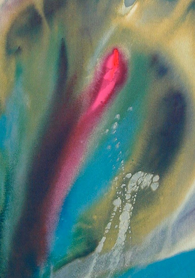 FLOWER COSAS II, signierte Lithographie, Abstraktes Aquarell, Pfauenfarben (Grau), Abstract Print, von Lamar Briggs