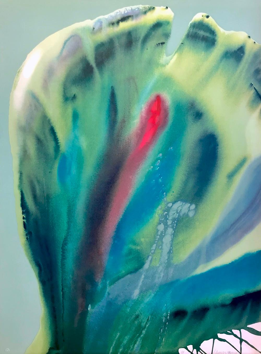 FLOWER COSAS II, litografia firmata, acquerello astratto, colori del pavone - Abstract Print Grigio di Lamar Briggs