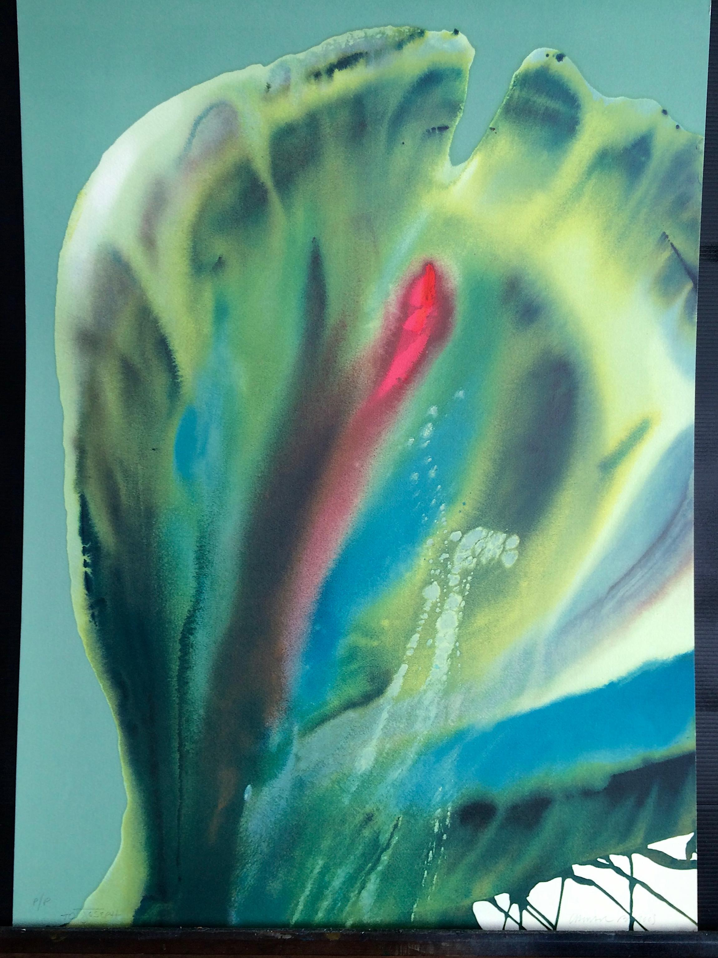 FLOWER COSAS II, Signed Lithograph, Abstract Watercolor, Peacock Colors For Sale 1