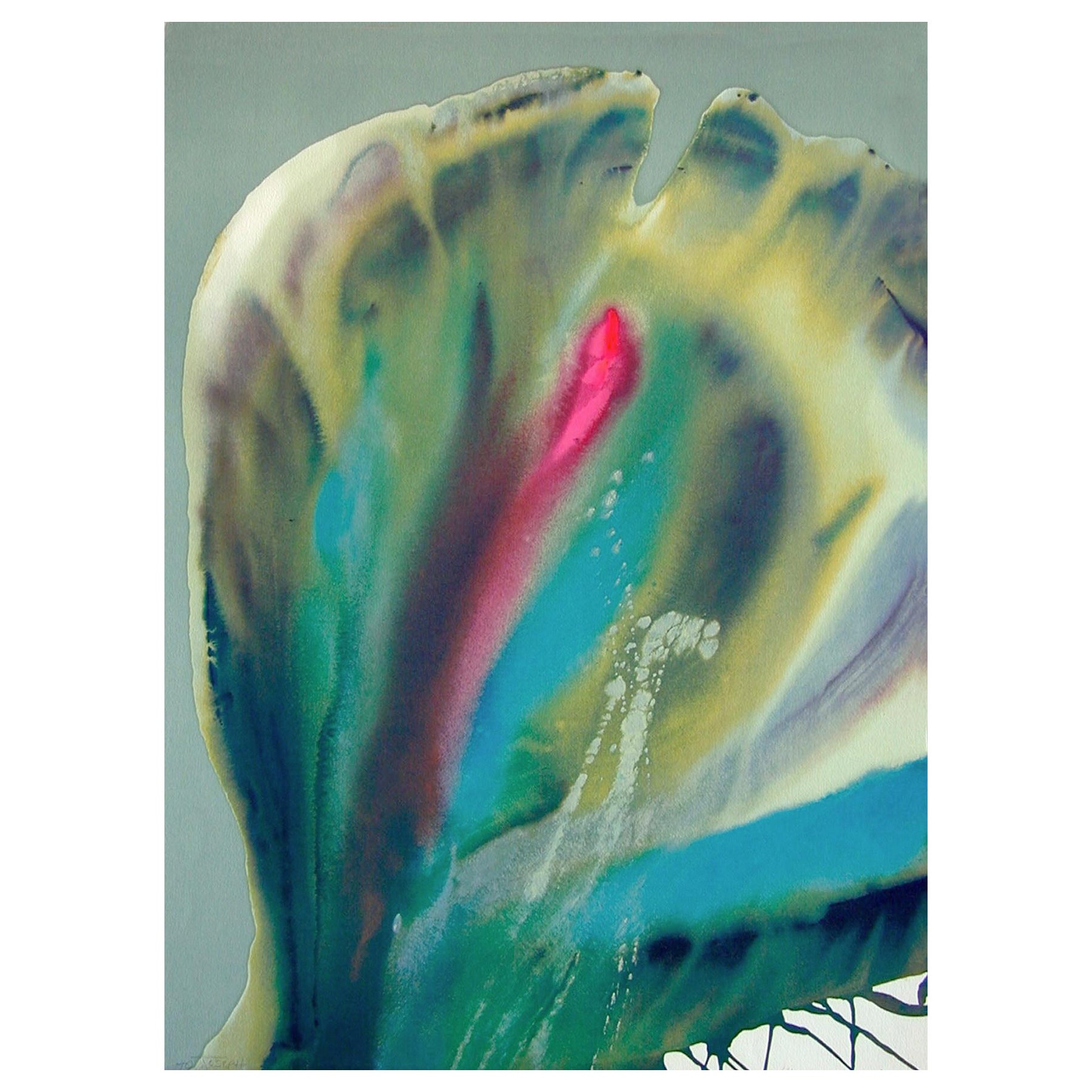 FLOWER COSAS II, Signed Lithograph, Abstract Watercolor, Peacock Colors