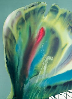 FLOWER COSAS II, signierte Lithographie, Abstraktes Aquarell, Pfauenfarben