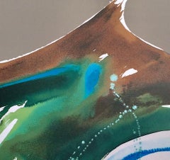 TIVA LANDSCAPE Signed Lithograph, Abstract Watercolor Taupe, Blue Green, Brown