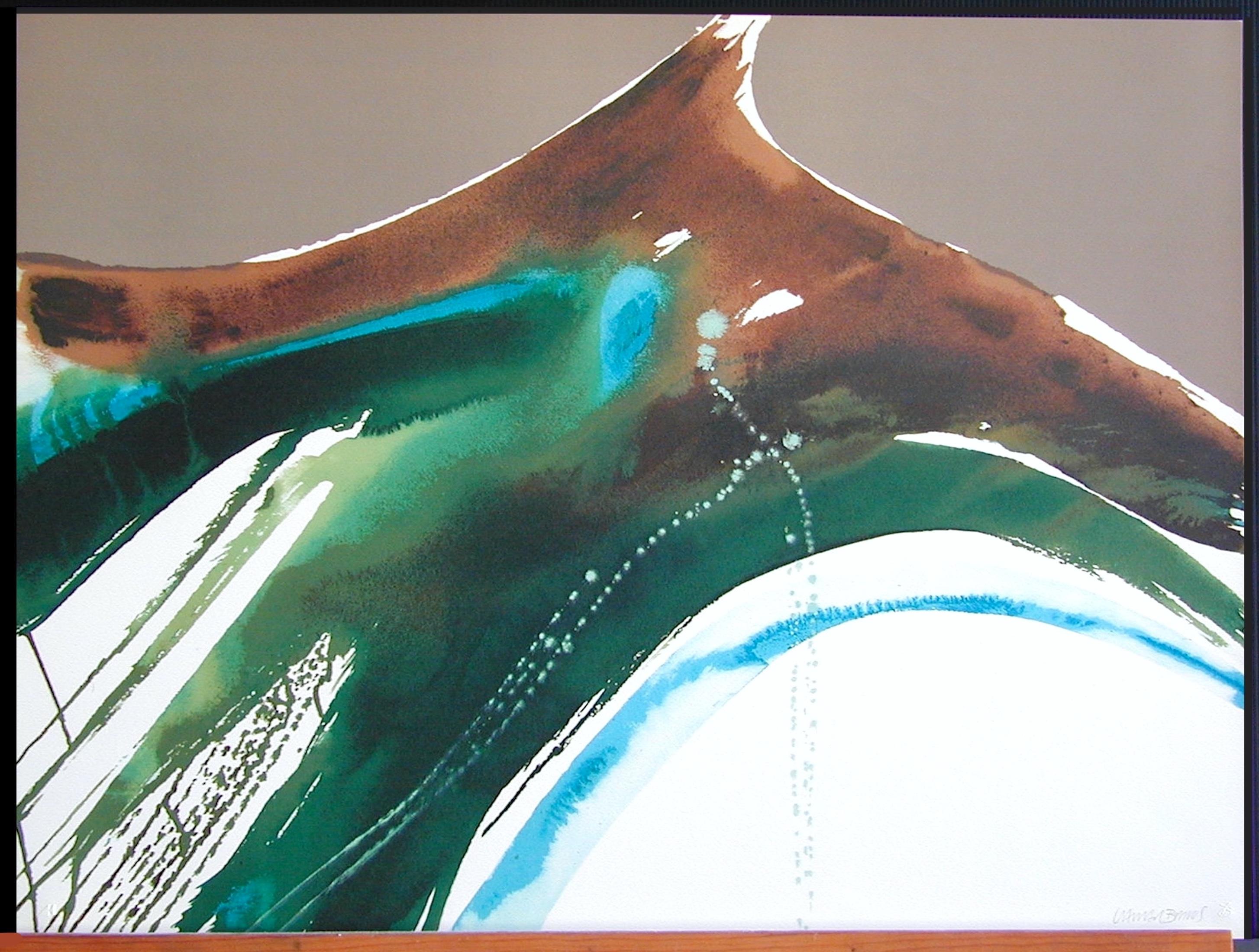 TIVA LANDSCAPE Signed Lithograph, Abstract Watercolor Taupe, Blue Green, Brown For Sale 3