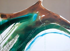 TIVA LANDSCAPE Signed Lithograph, Abstract Watercolor Taupe, Blue Green, Brown