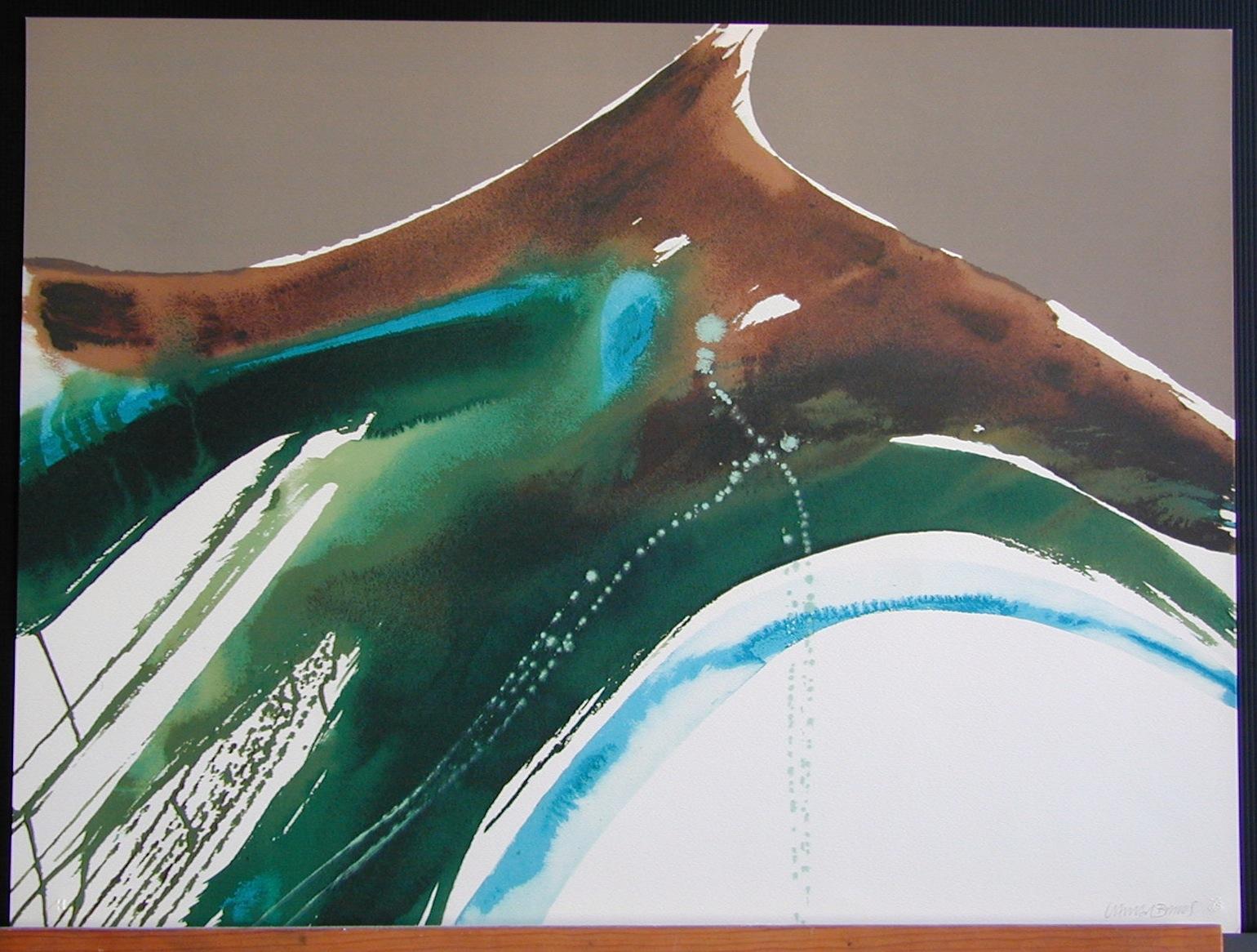 TIVA LANDSCAPE Signed Lithograph, Abstract Watercolor Taupe, Blue Green, Brown - Print by Lamar Briggs