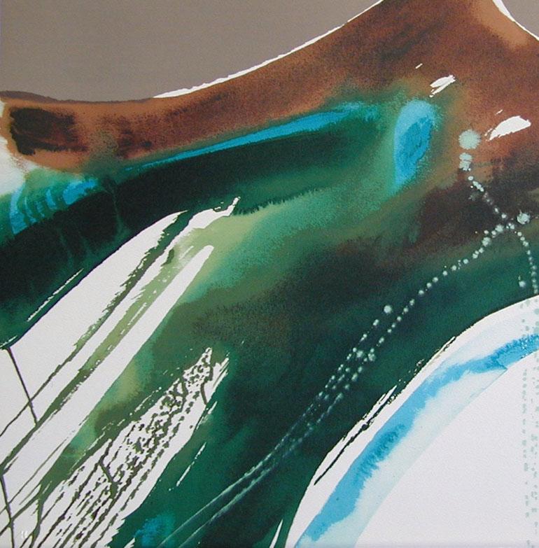 TIVA LANDSCAPE Signed Lithograph, Abstract Watercolor Taupe, Blue Green, Brown - Gray Abstract Print by Lamar Briggs
