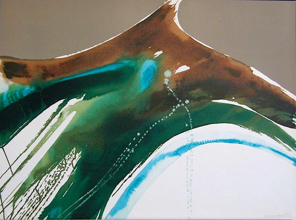 TIVA LANDSCAPE Signed Lithograph, Abstract Watercolor Taupe, Blue Green, Brown