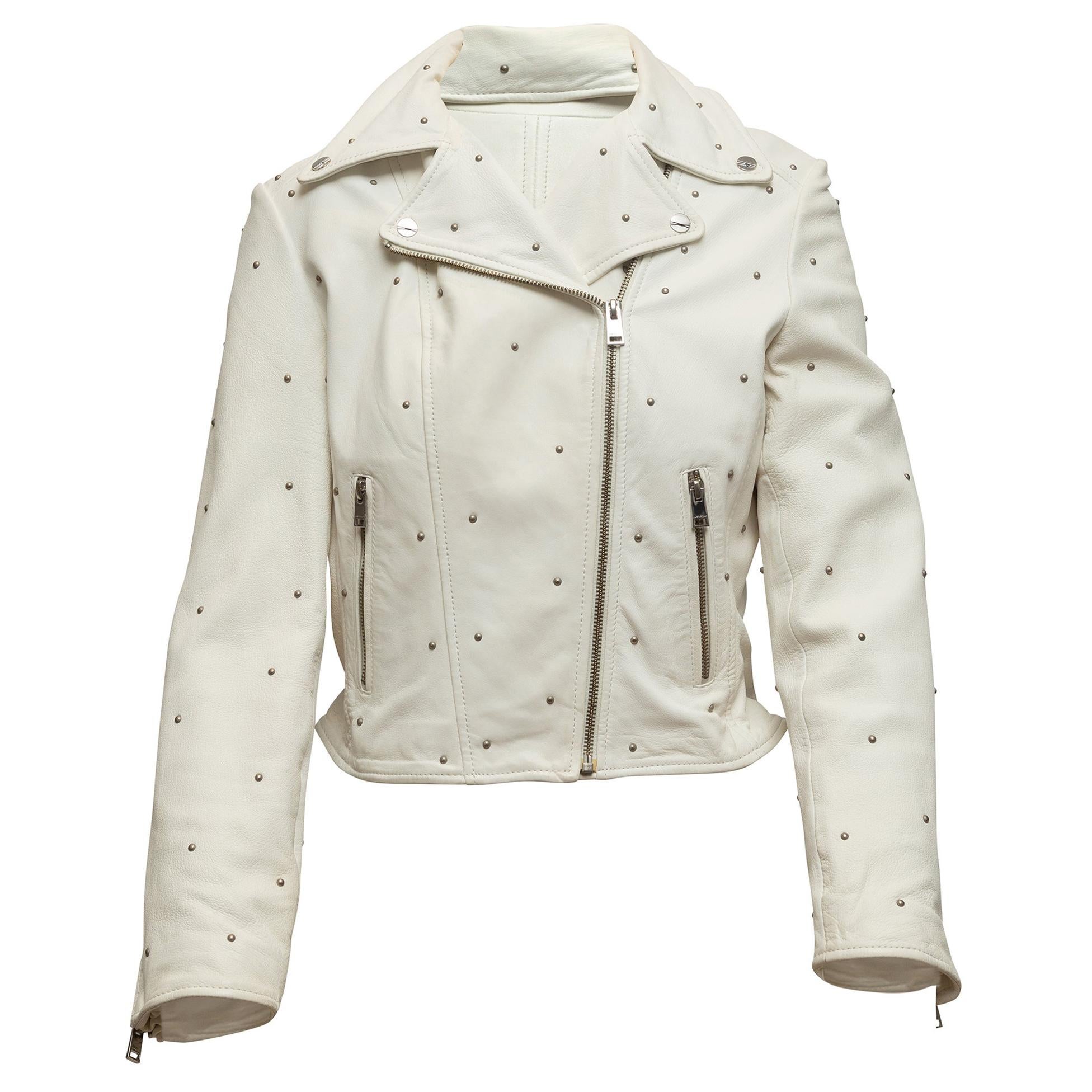 Lamarque White Leather Studded Moto Jacket