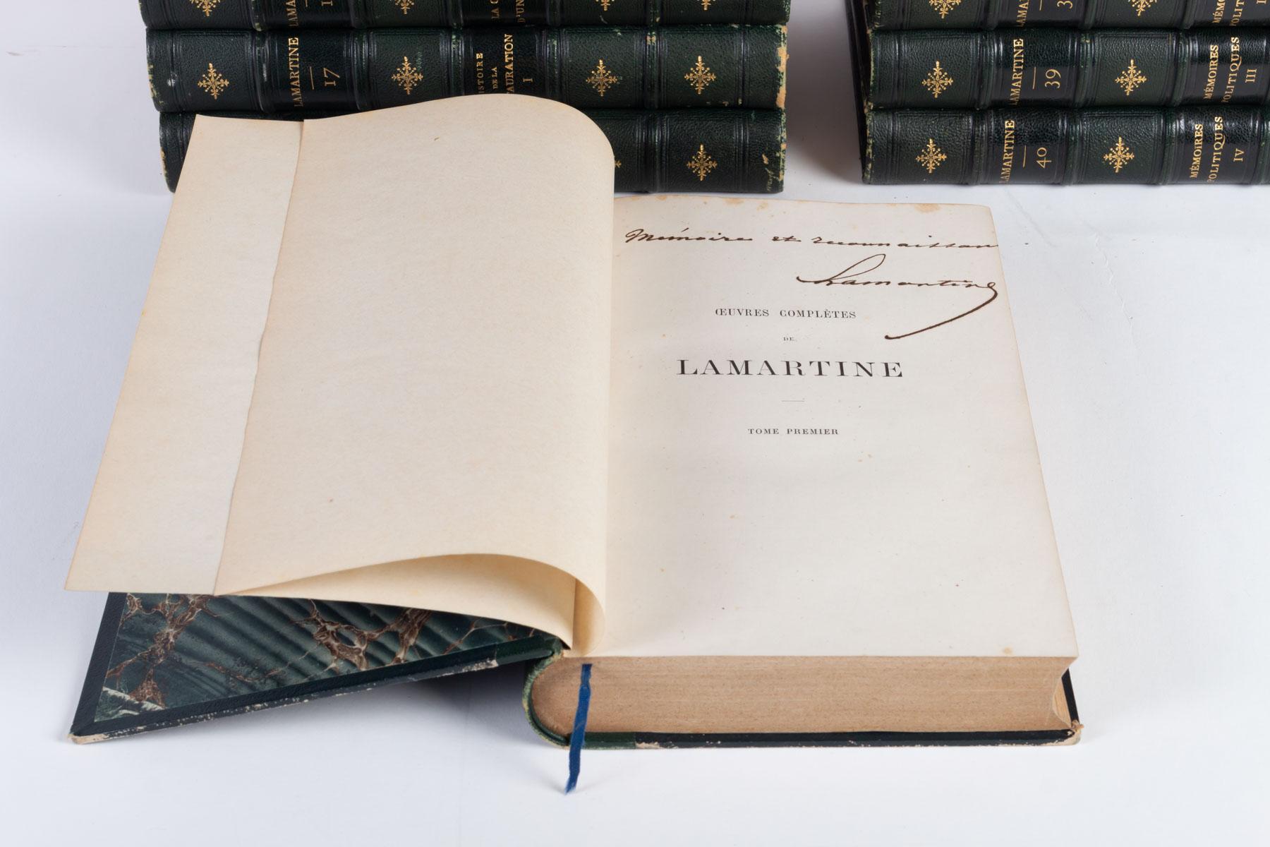 Lamartine (Alphonse de). Complete published and unpublished works. Paris, at the author's, 1860-1863. 36 volumes in-8 (of 41), half green grief, spine decorated, smooth edges (contemporary binding). 