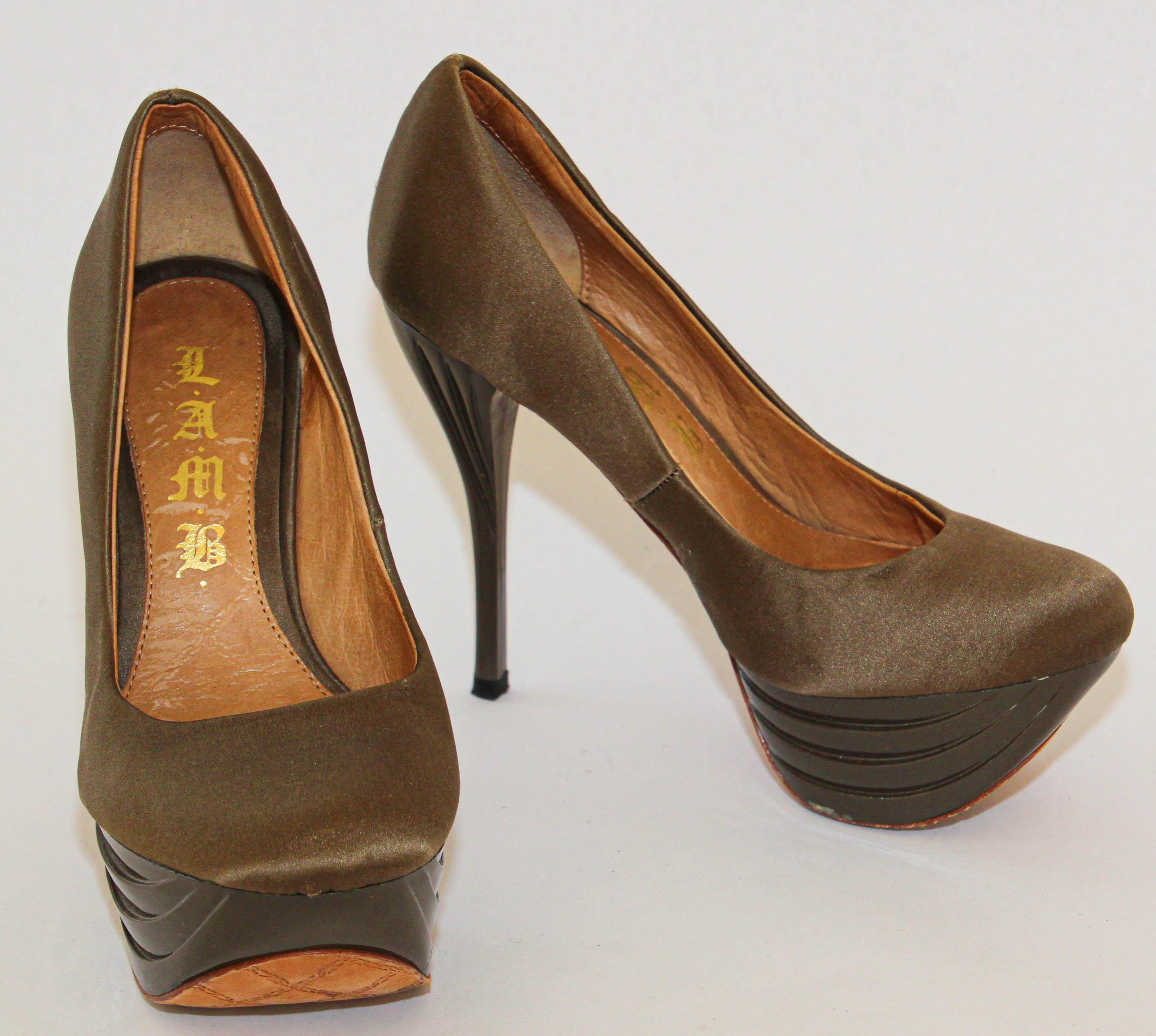 L.A.M.B. LAMB Z-Project Satin and Lacquer Dark Taupe Platform Heels 6 M For Sale 7