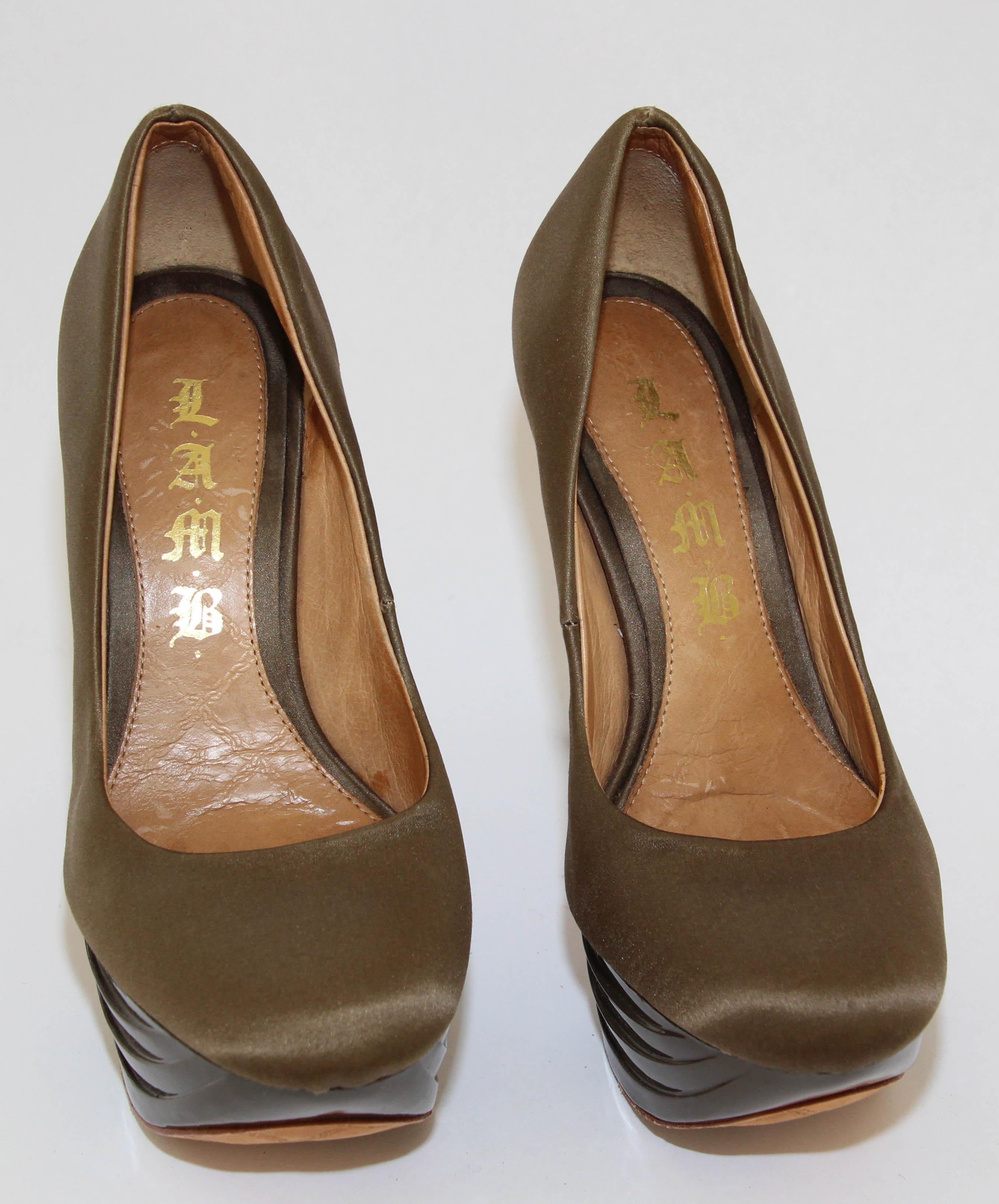 Women's L.A.M.B. LAMB Z-Project Satin and Lacquer Dark Taupe Platform Heels 6 M For Sale