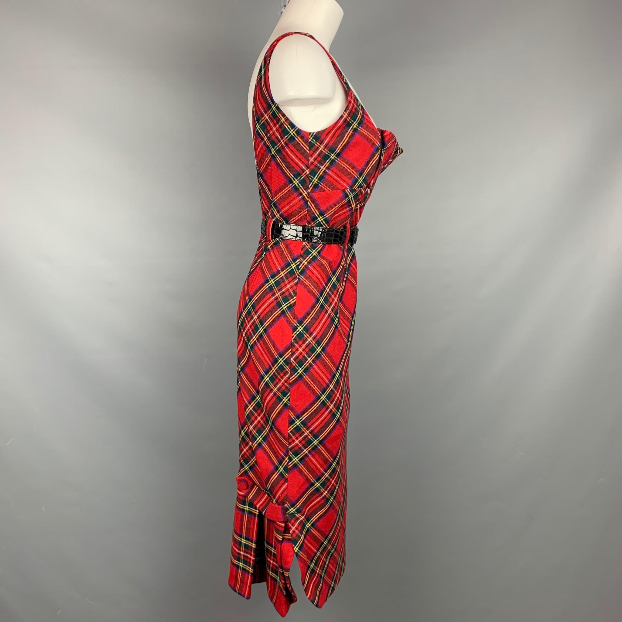 LAMB Size 10 Red Wool Plaid Faux Patent Leather Belted Dress In Good Condition In San Francisco, CA