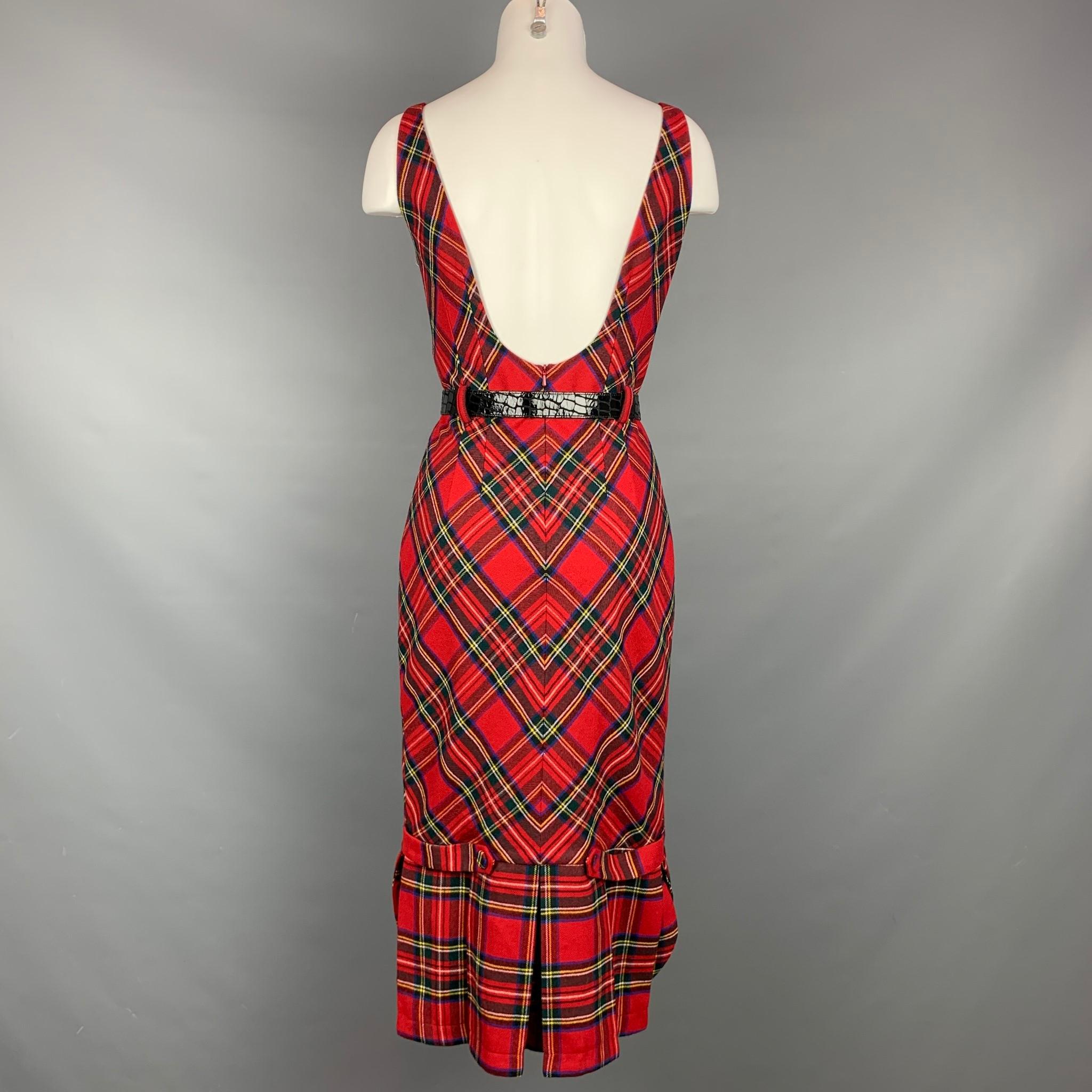 Women's LAMB Size 10 Red Wool Plaid Faux Patent Leather Belted Dress