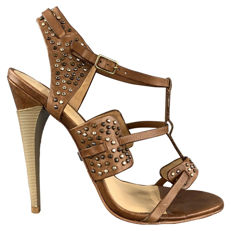L.A.M.B Size 7 Brown Studded Leather Strappy Sandals at 1stDibs