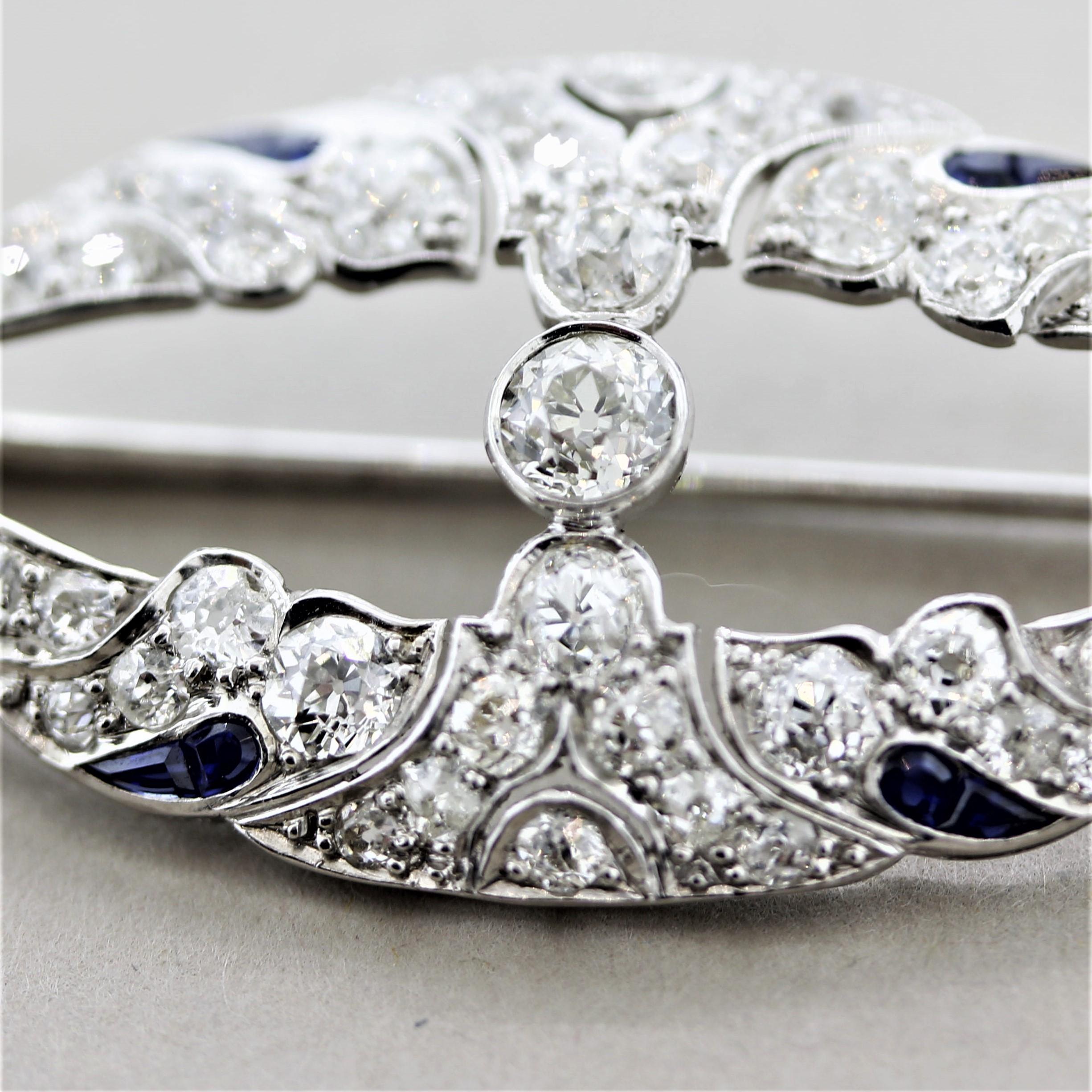 Mixed Cut Lambert-Bros Art Deco Diamond Sapphire Platinum Brooch For Sale