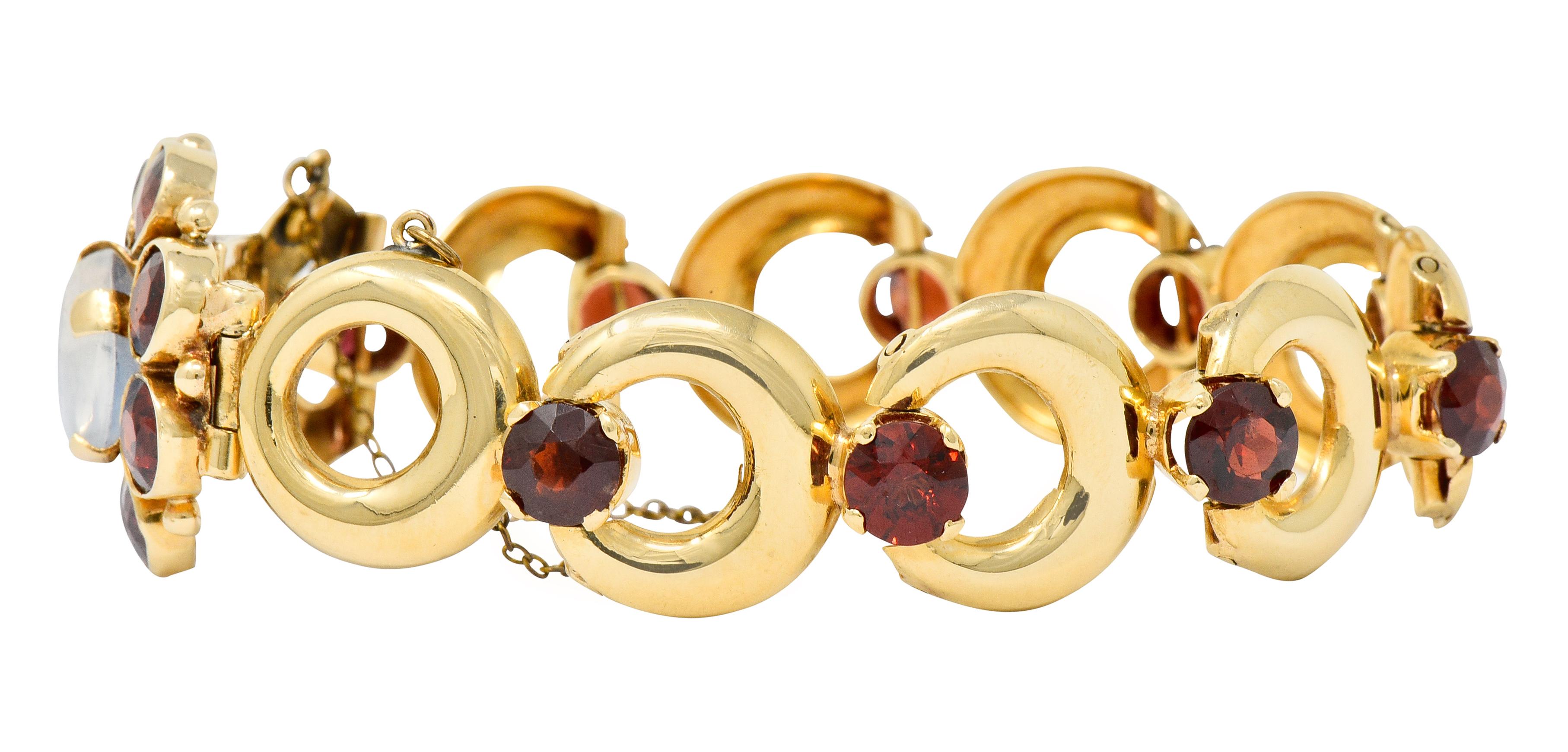 Women's or Men's Lambert Bros. Retro Garnet Moonstone 14 Karat Gold Floral Cluster Link Bracelet